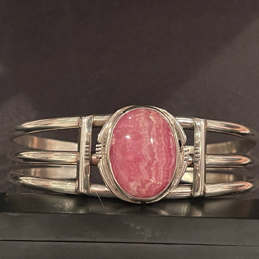 Navajo Sterling Silver Cuff Bracelet with stunning Striated Pink Rhodochrosite